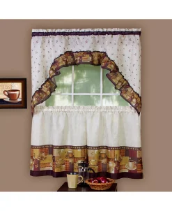 Achim Coffee Printed Tier And Swag Window Curtain Set, 57x24
