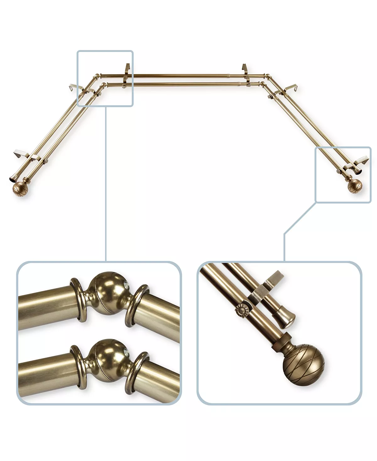 Rod Desyne Arman 13/16 Bay Window Double Curtain Rod 78-144 3 Rod Desyne Arman 13/16 Bay Window Double Curtain Rod 78-144